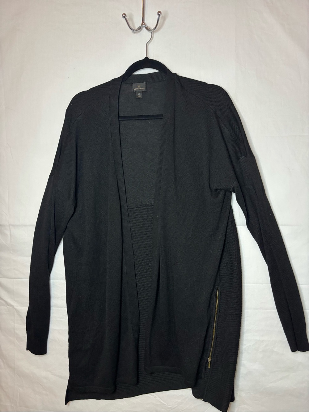 Worthington Black Open-Front Longline Cardigan with Side Zipper